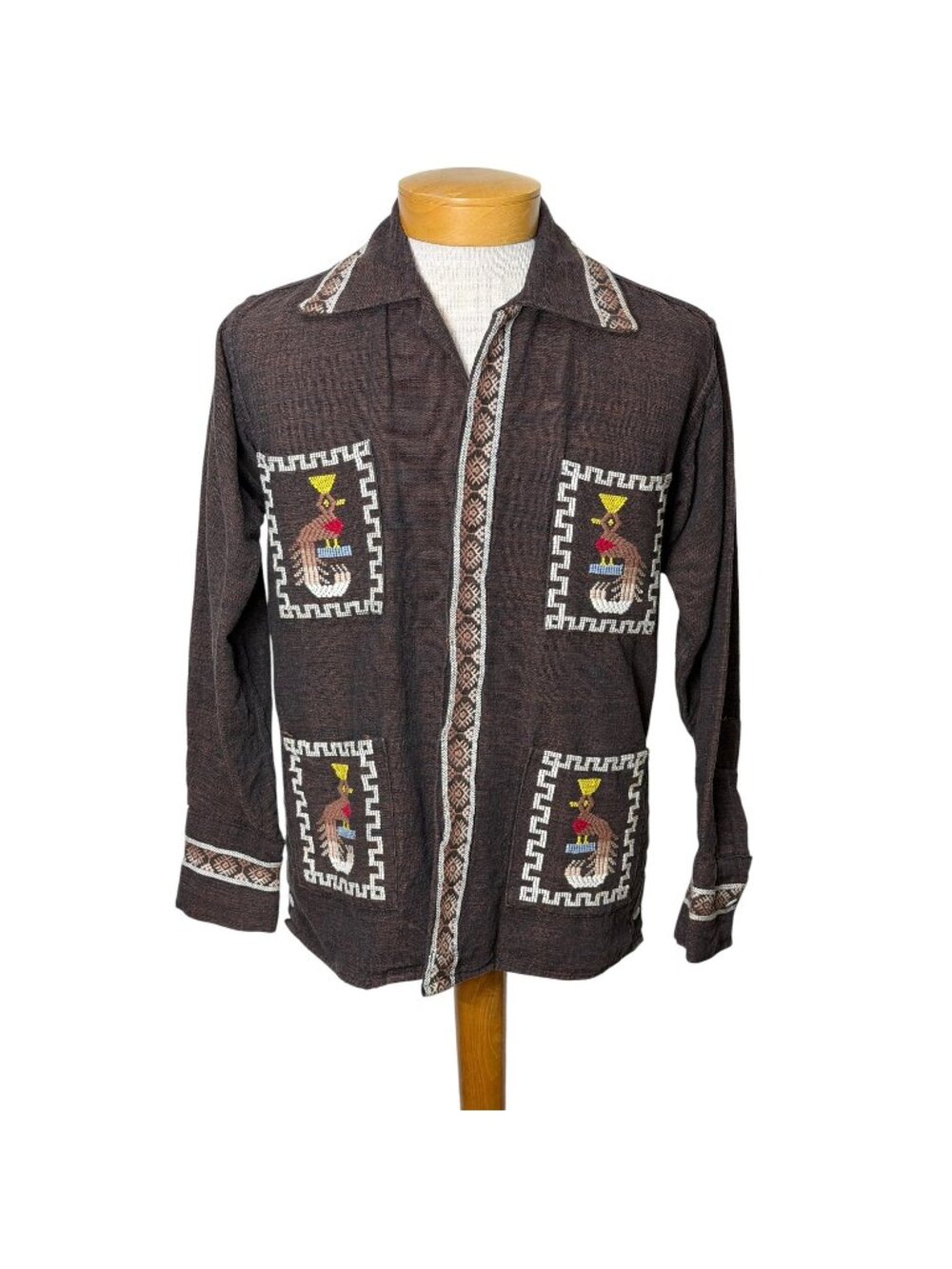 1960s/70s hand woven mens shirt with hand embroidered Quetzal birds Size M